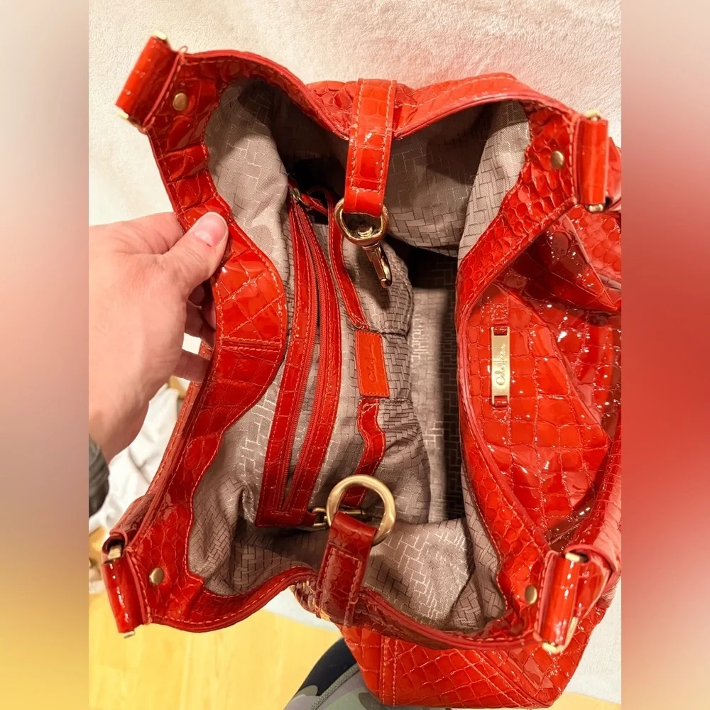 Cole Haan Red Croc-Embossed Patent Leather Hobo Shoulder Bag